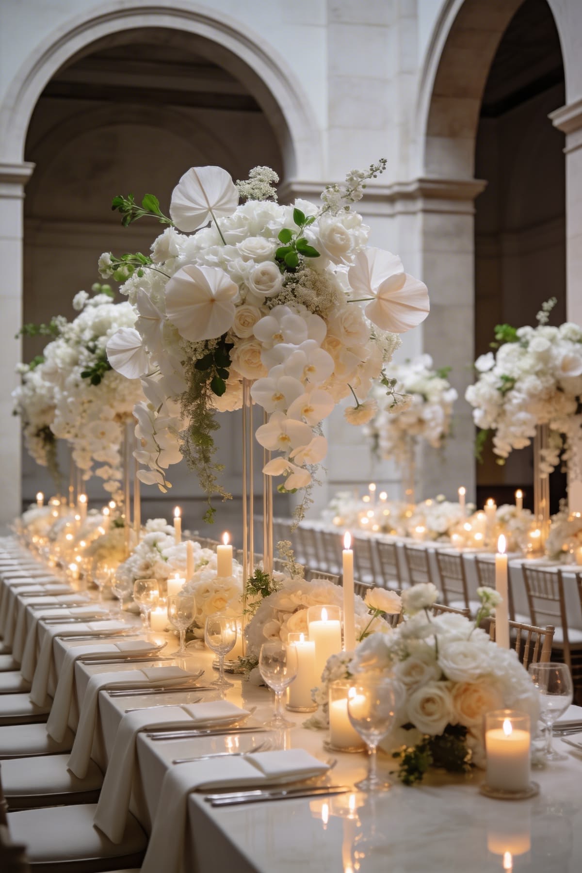 Luxury wedding reception with tall white floral centerpieces, orchids, roses, and candlelight in a grand marble venue